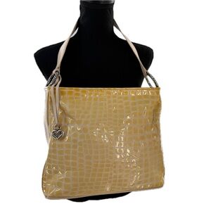 Brighton Yellow Patent Croc Embossed Leather Satchel Shoulder Hobo Bag w/Cream